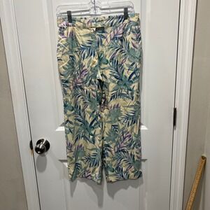 August Silk Women Pants Tropical Floral 100% Silk Herringbone‎ Wide Leg Size M